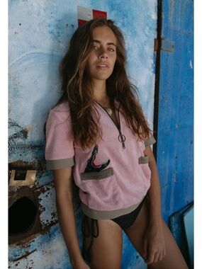 Tombolo Pink Short-Sleeve Zip Terry Hoodie with Pocket Details